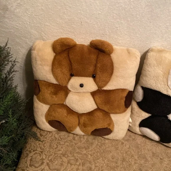 2 Vintage Teddy Bear and Panda Throw Pillows Cushion Decor